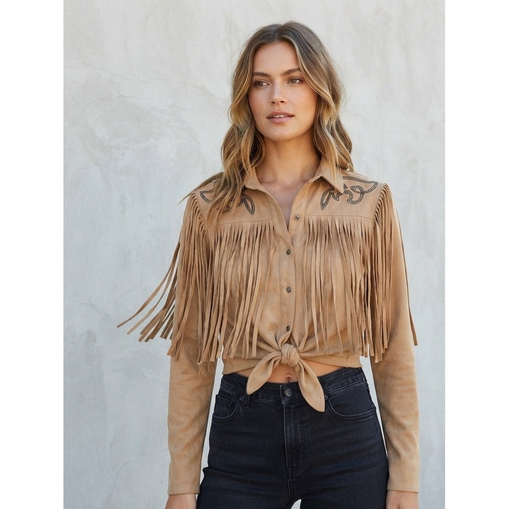 Idyllwind Western Fringe Faux Suede Embroidered Tie Front Shirt Tan Small